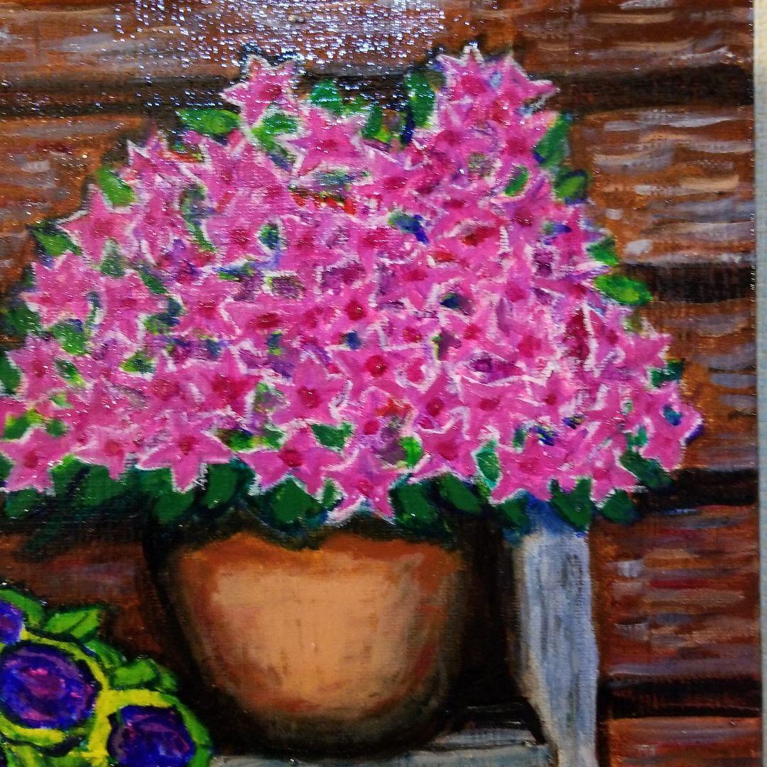 油絵　ゆうみ　はしごに置いた鉢花