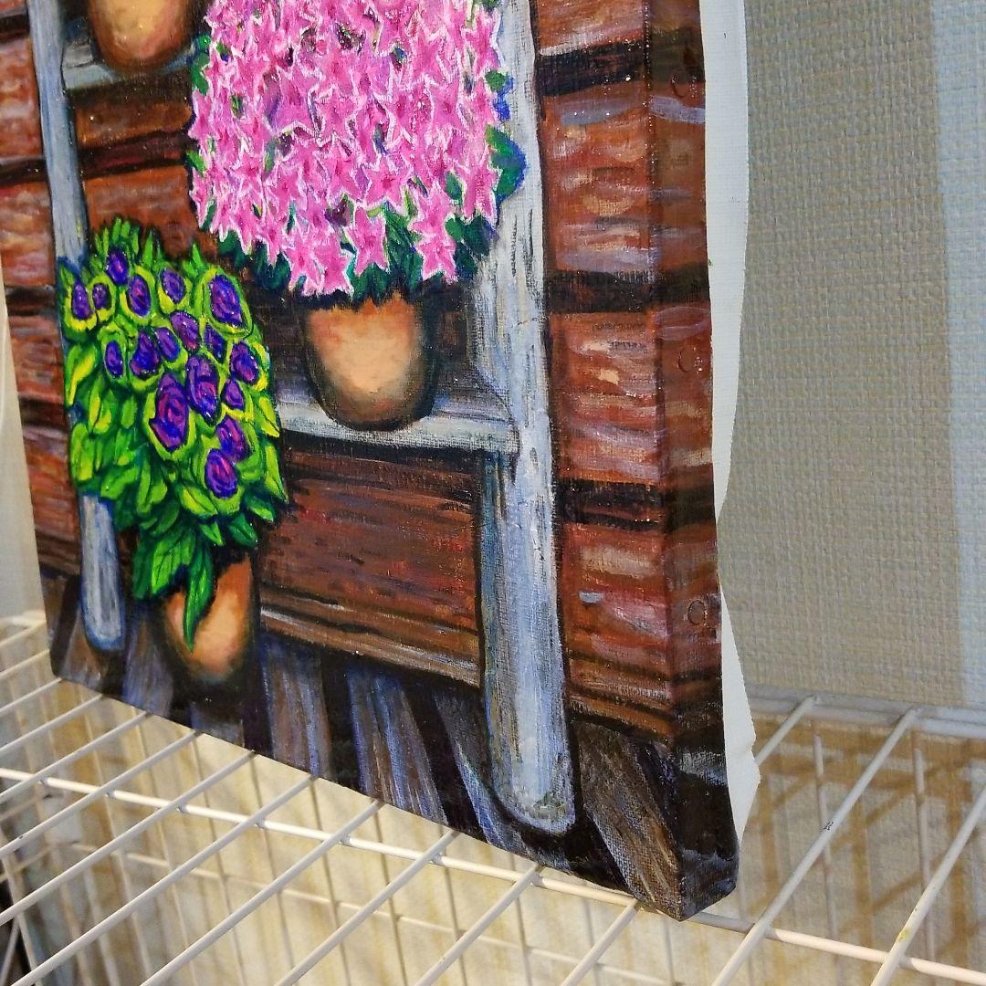 油絵　ゆうみ　はしごに置いた鉢花