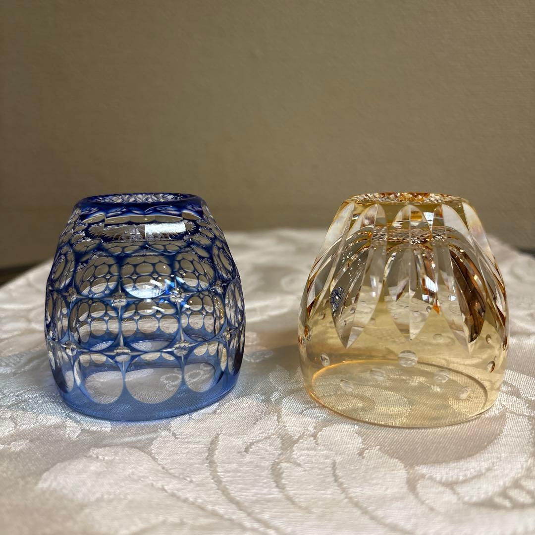 江戸切子　カガミクリスタル　冷酒杯　「紫陽花」「向日葵」 鍋谷聡作　伝統工芸品