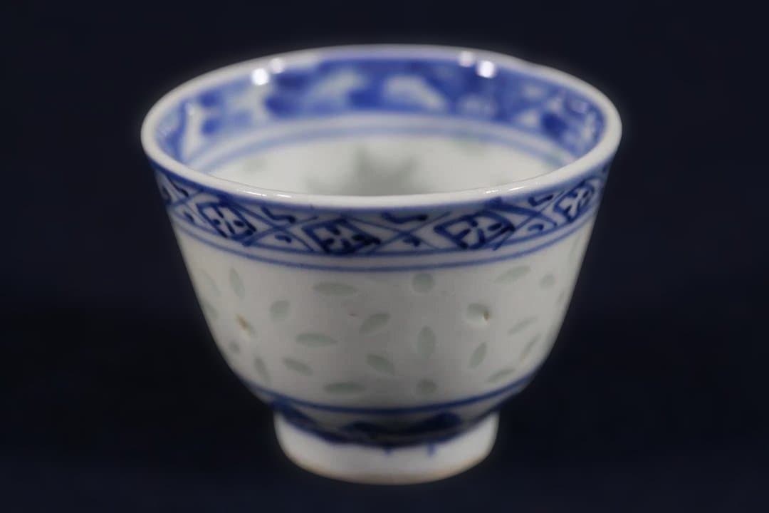 500　中国清朝染付ホタル手在銘珍品煎茶猪口　無傷　清朝期