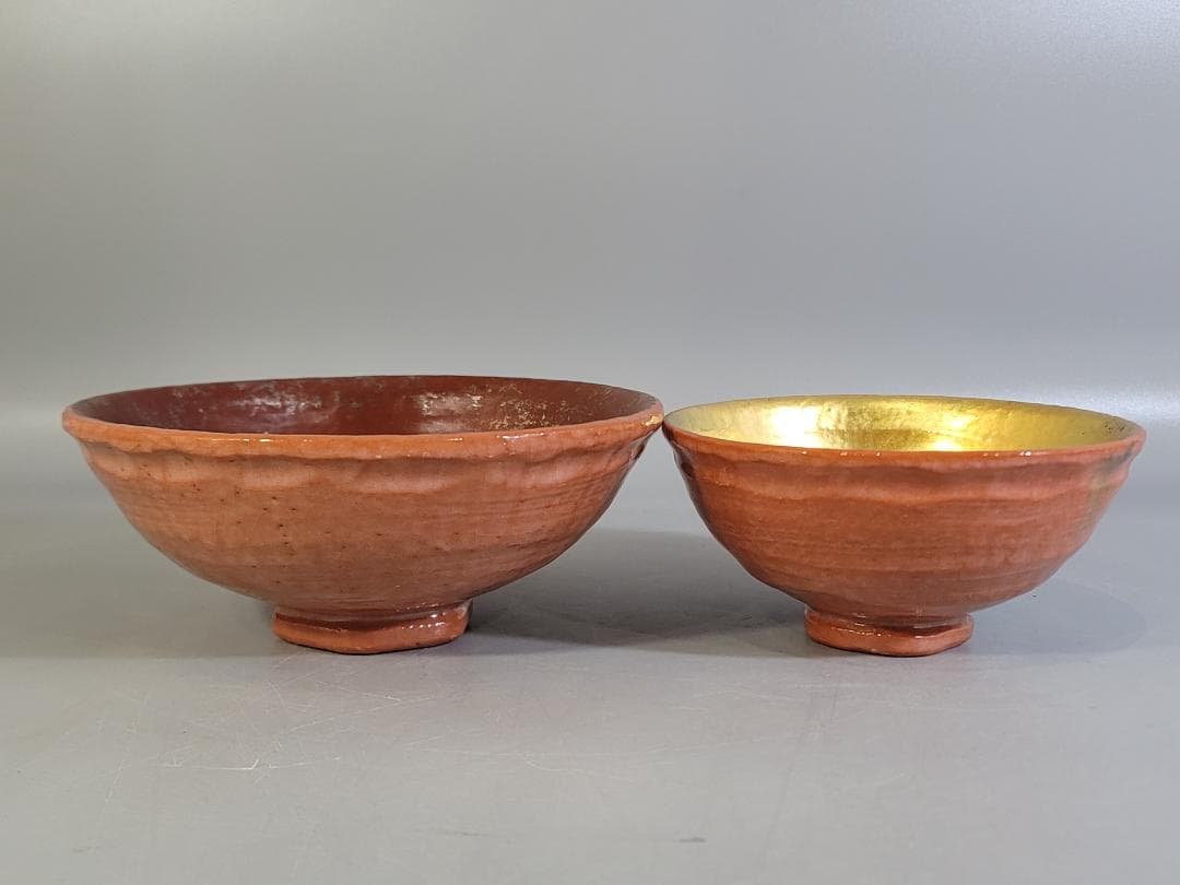 【極美品】嶋台茶碗　赤楽金銀一双 　　　　川崎和楽造