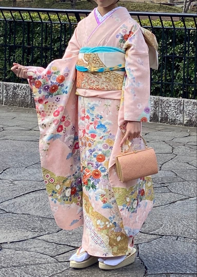 振袖セット　京友禅　金彩加工　古典柄　薄ピンク　川島織物