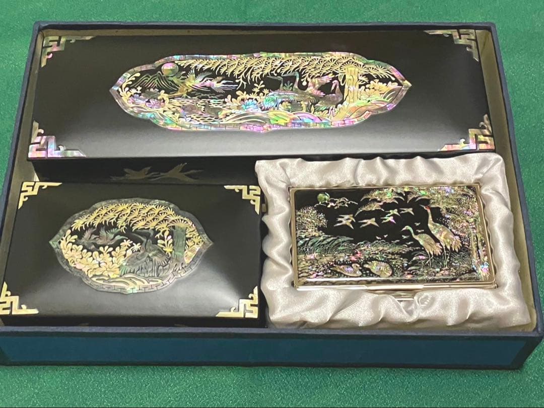 韓国高級螺鈿細工-鶴 3点セット 螺鈿漆器 名刺入れ 宝石箱 小物入れ