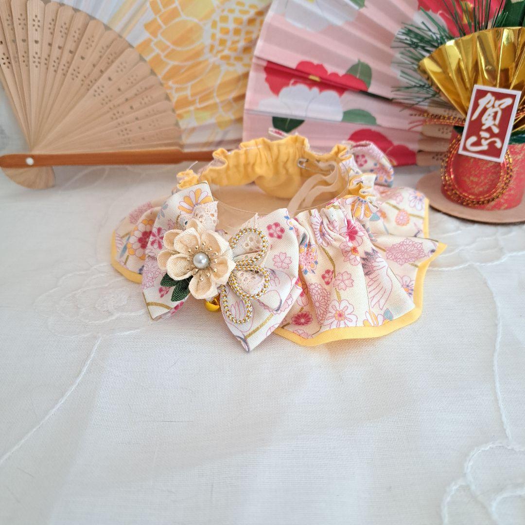 幅広シュシュ、和風妻み細工(クリーム)わんちゃん猫ちゃん用