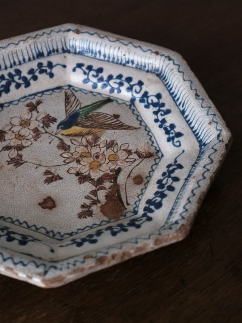 道八　阿蘭陀写し　八角菓子　江戸時代　オランダ風　皿　菓子器　箱付　Q1755