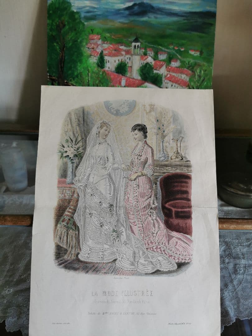 19世紀アンティーク銅版画 新婦と姉妹/友人 花実装飾ウェディングドレス 手彩色