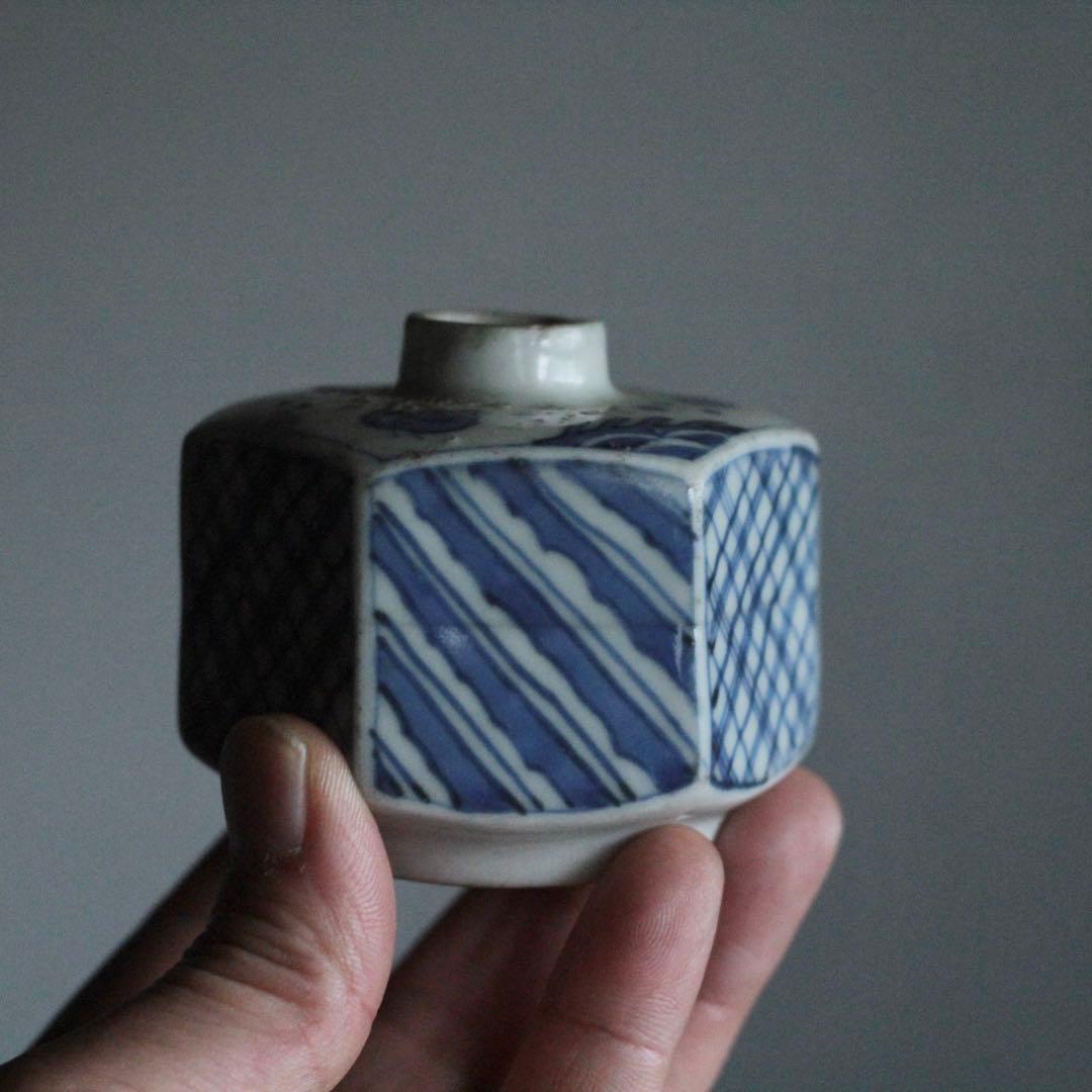 染付 面取 六角 小徳利 波千鳥 小紋柄 古美術 古道具 アンティーク