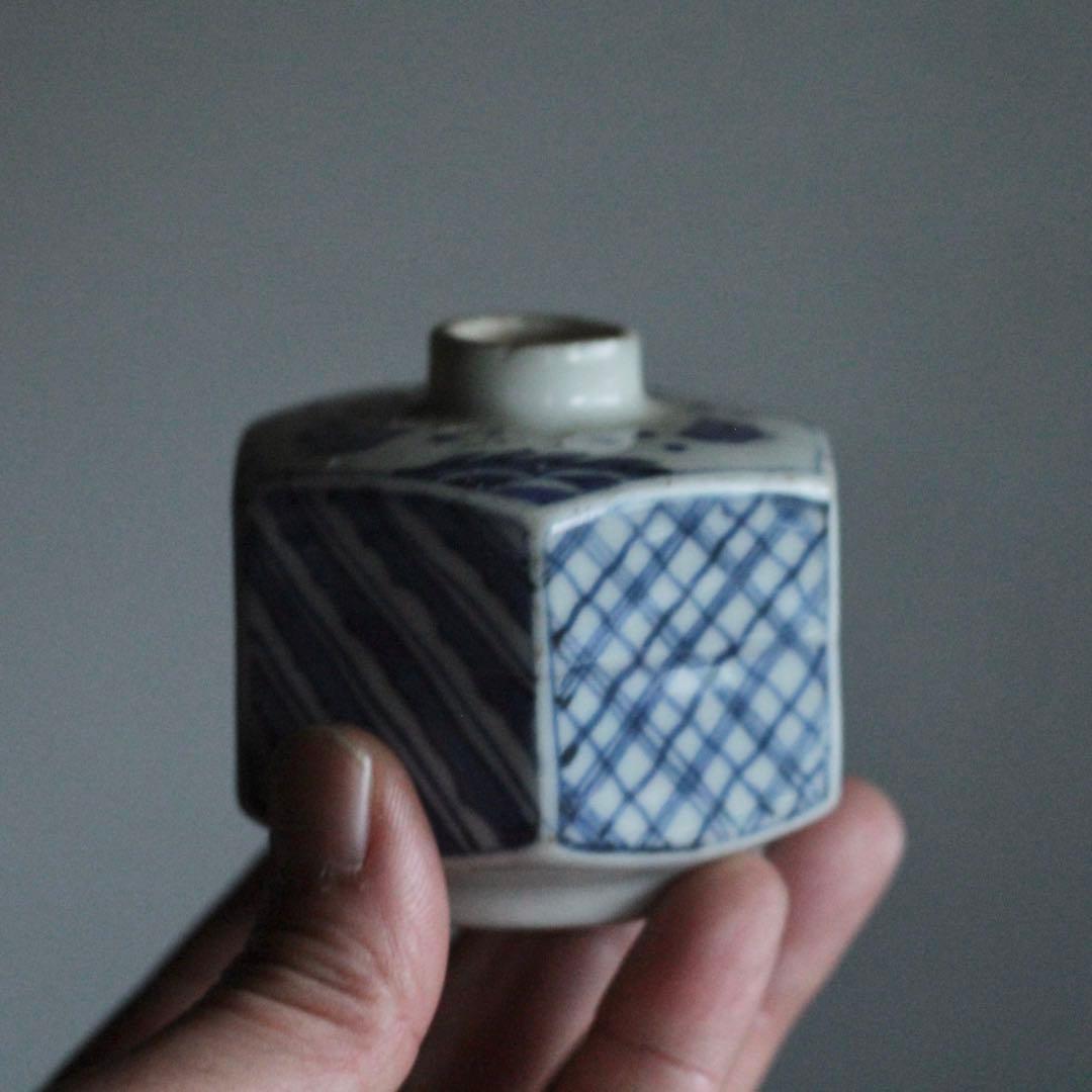 染付 面取 六角 小徳利 波千鳥 小紋柄 古美術 古道具 アンティーク
