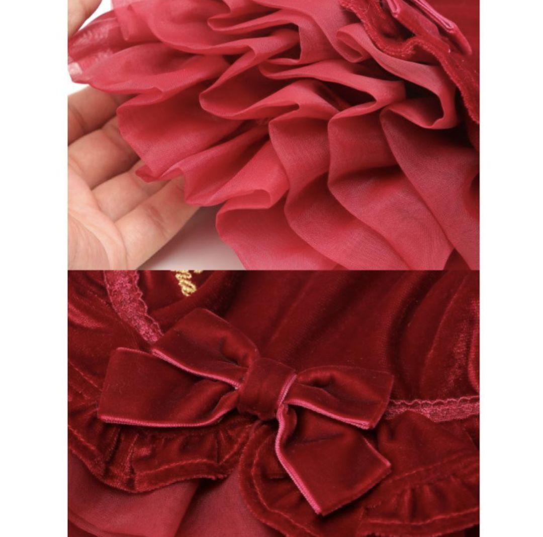 きゃんナナ犬服 グリーン ベルベットボリュームフリルベロアワンピース Sサイズ