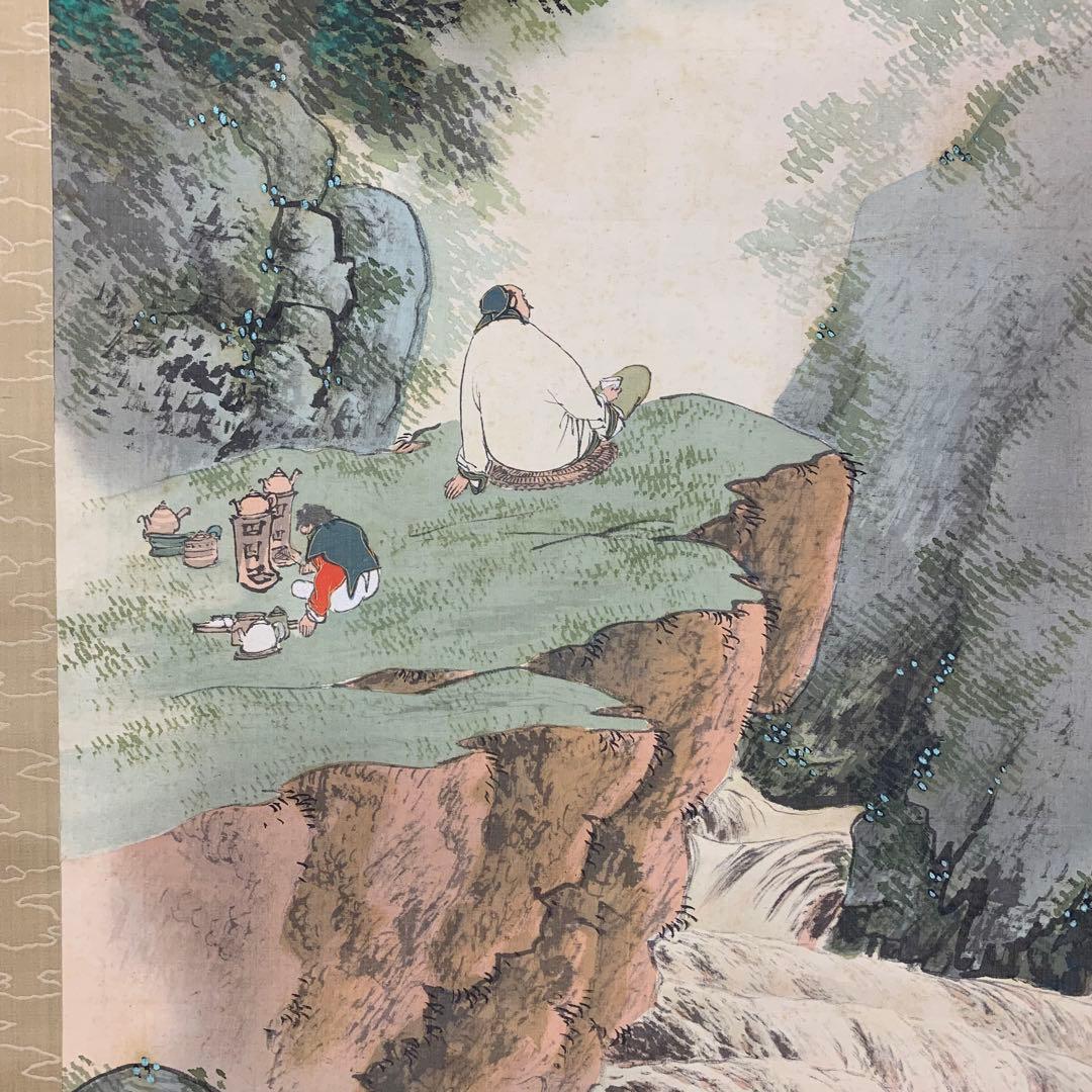 掛軸 貴道春鳳 高士観瀑之図 共箱 山水 滝 瀧 3-2