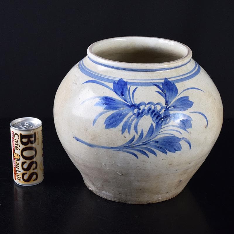 朝鮮美術　李朝　高麗白磁　染付　花文　壷　V　R7916B