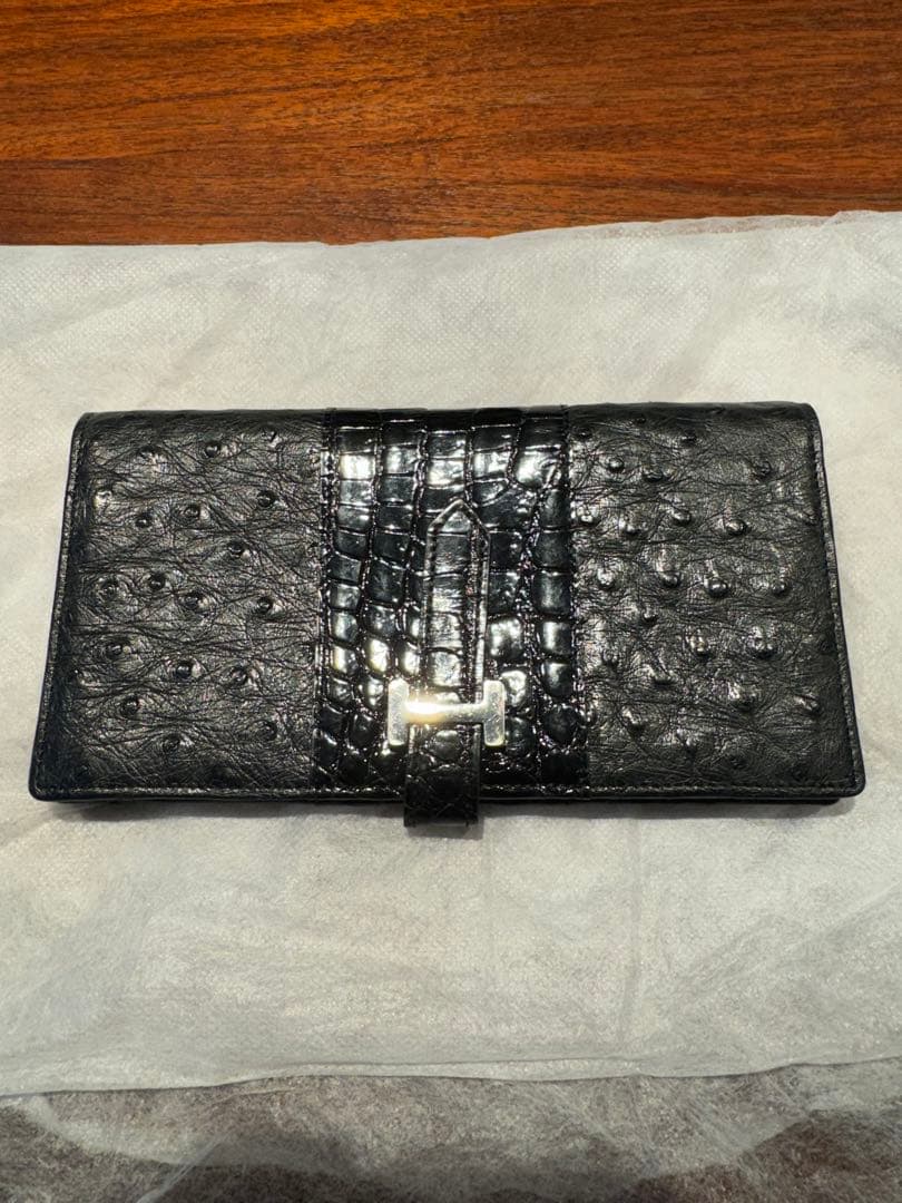 H金具　オーストリッチ　クロコダイルのコンビ 二つ折り長財布
