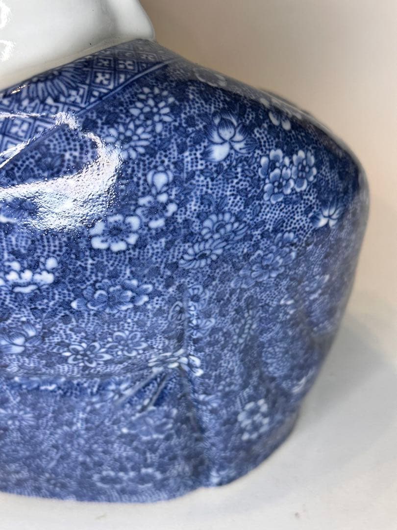 茂記生造　銘あり（底款）　青花染付　陶製仏像　置物／観賞用　時代物