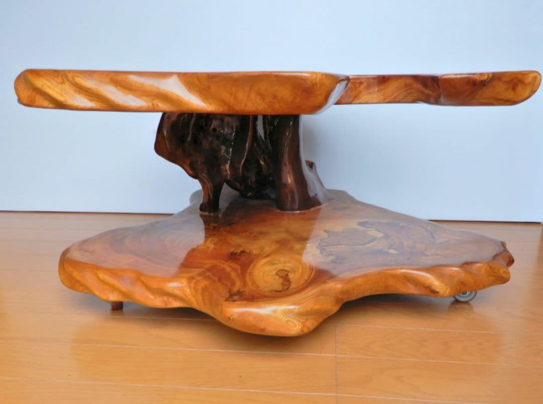 【美品】欅一枚板 移動式テーブルワゴン ローテーブル