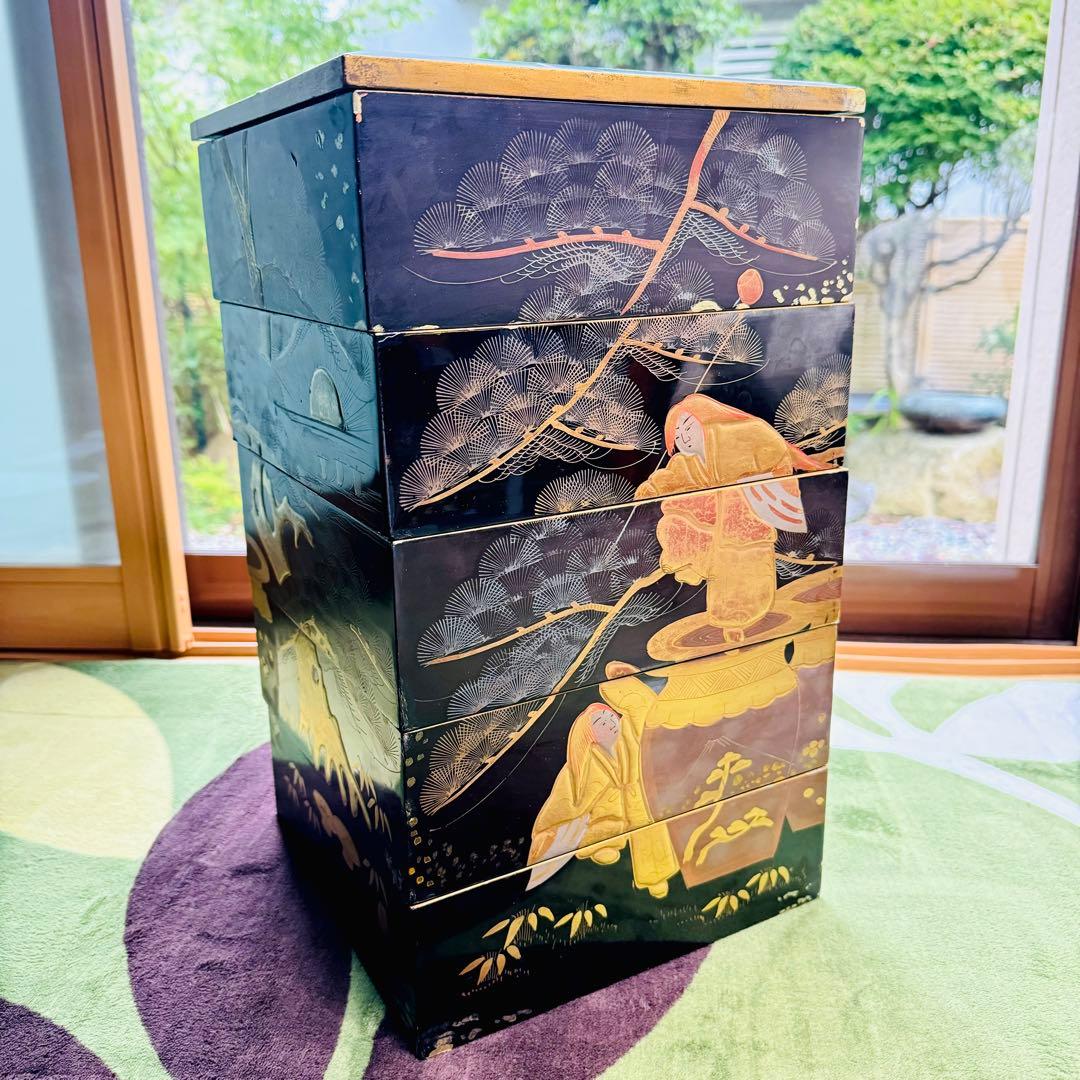 漆器　輪島塗　沈金　蒔絵　螺鈿　木製　五段　重箱　時代品