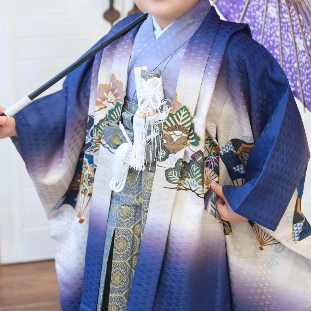 【美品】男の子 七五三 袴セット 12点フルセット おまけ付き 鷹市松 紺 藍鼠