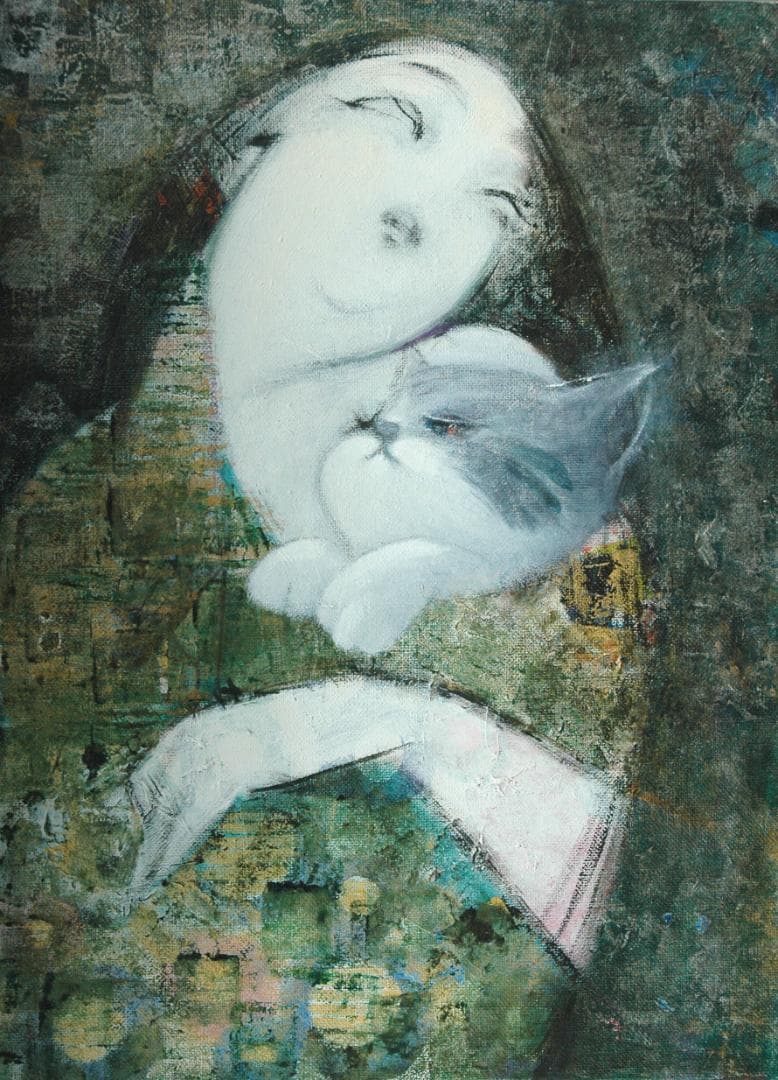 油絵 菅家令子絵 絵画インテリア額付(青緑＋金色の枠)F4-030719祈り母子