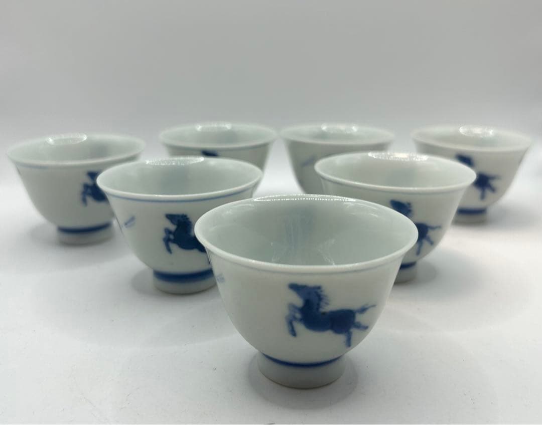 時代　京焼　栄山作　染付馬紋湯呑み7点　煎茶器　送料込み0831