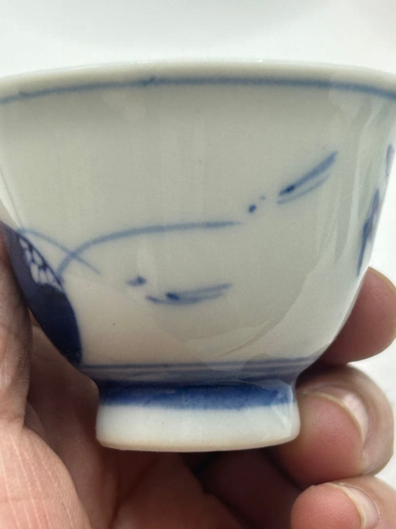 時代　京焼　栄山作　染付馬紋湯呑み7点　煎茶器　送料込み0831