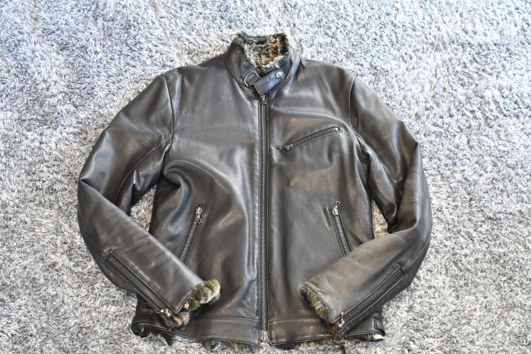 SHELLAC 羊革ライダースジャケット 総裏 ラビットファー 50