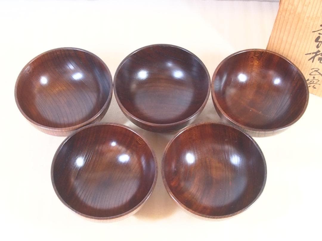 【良品】輪島塗 小崎清人 木地呂 吉野絵 煮物椀 5客 雑煮椀/大椀 漆器/食器