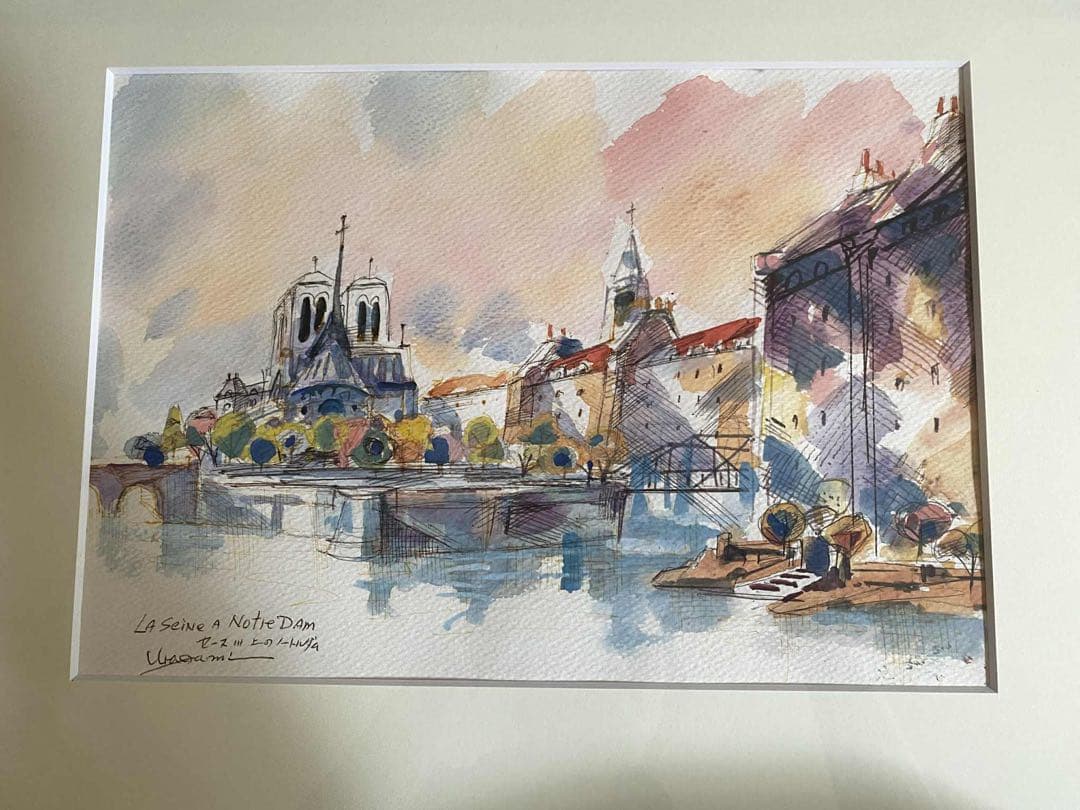 浦上正則【セーヌ川上のノートルダム寺院 】 水彩画、額付き、箱あり