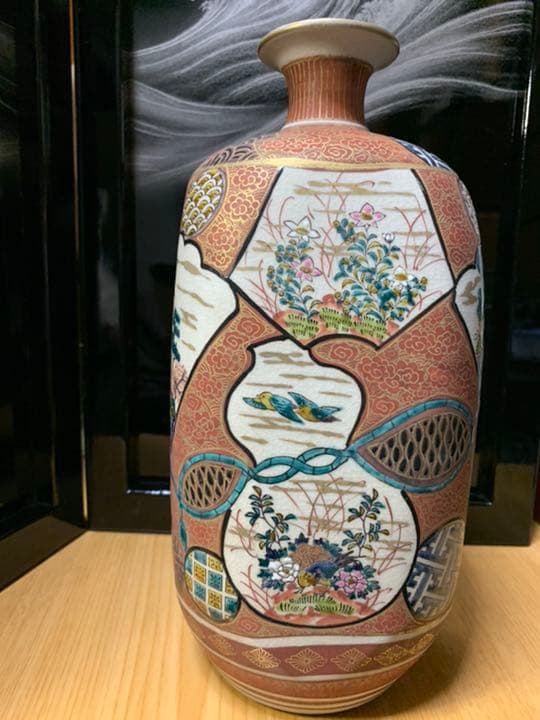 明治九谷焼　庄三　山水人物文瓶　花瓶　カビン花びん