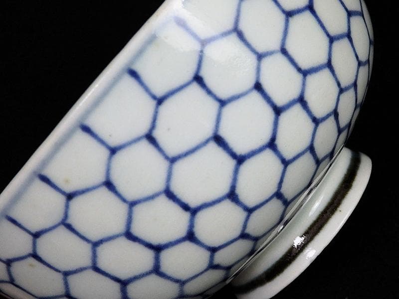 古伊万里　染付　亀甲紋の図　蓋茶碗　江戸期　E212AS-fbip