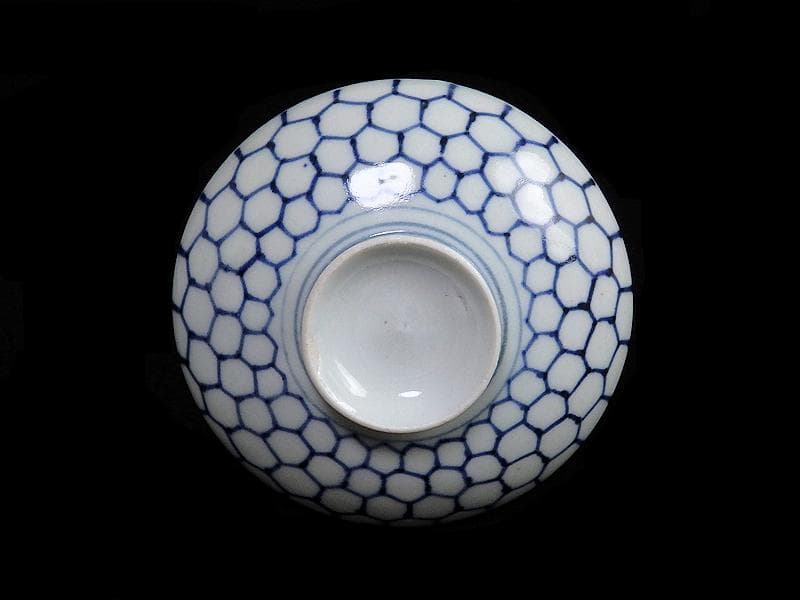 古伊万里　染付　亀甲紋の図　蓋茶碗　江戸期　E212AS-fbip