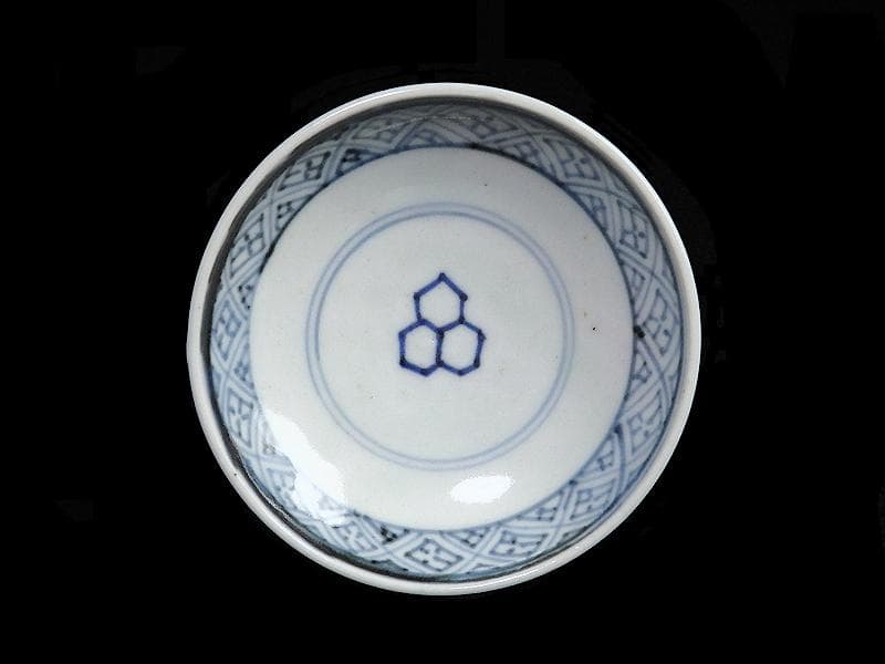 古伊万里　染付　亀甲紋の図　蓋茶碗　江戸期　E212AS-fbip