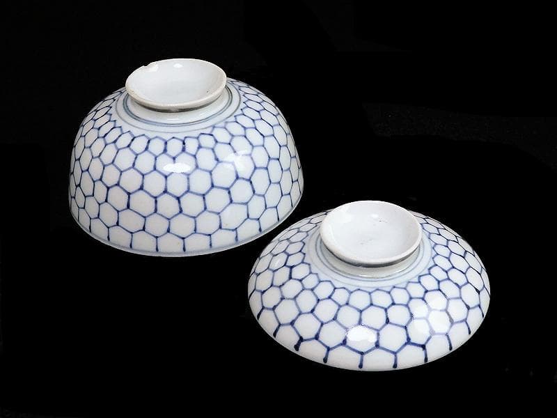 古伊万里　染付　亀甲紋の図　蓋茶碗　江戸期　E212AS-fbip