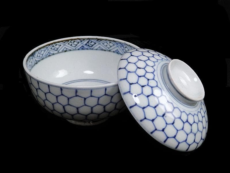 古伊万里　染付　亀甲紋の図　蓋茶碗　江戸期　E212AS-fbip