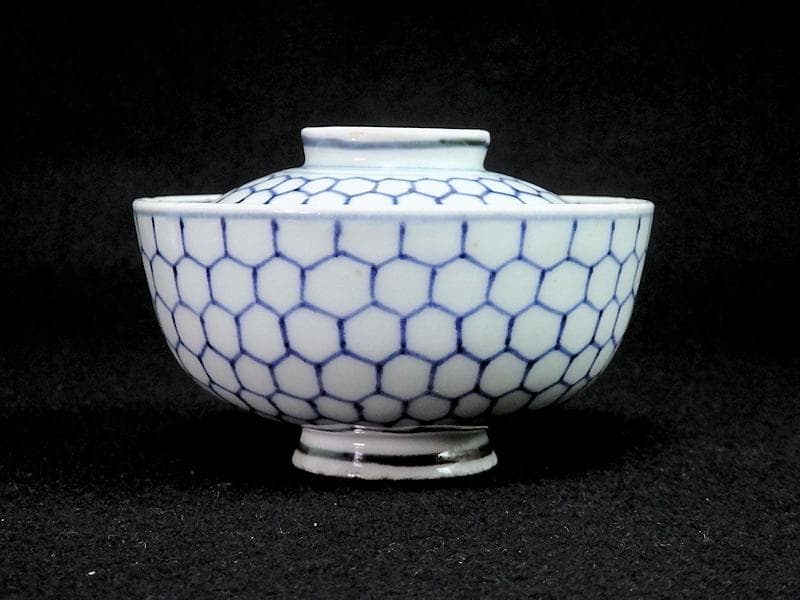 古伊万里　染付　亀甲紋の図　蓋茶碗　江戸期　E212AS-fbip