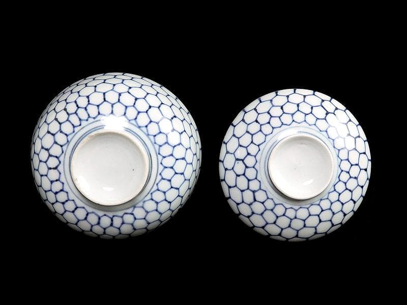 古伊万里　染付　亀甲紋の図　蓋茶碗　江戸期　E212AS-fbip