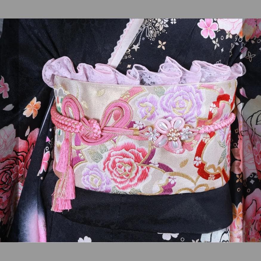 【くみこさま専用】振袖セット　美品　ピンク×黒　バラ　かわいい