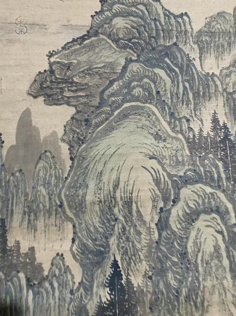 中国古美術 宋代 蘇軾款 山水画 水墨画 金色の縁取り 掛軸 宣紙 唐物 名家