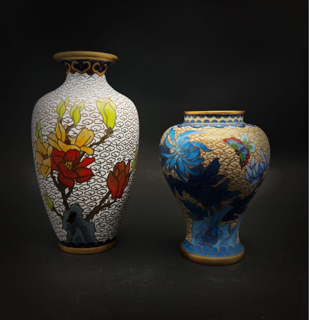 中國美術 古玩 七宝焼 景泰藍 茶葉罐 蓋置 花瓶まとめて 牡丹 梅 蝶々瓢箪