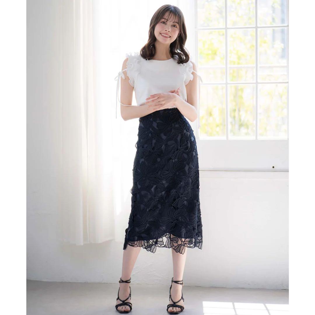 ノエラ　noela リボン　レース　タイト　スカート　通勤　ネイビー　紺