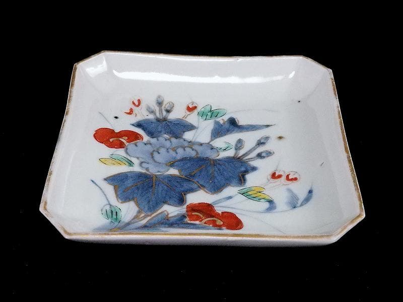 古伊万里　染錦　牡丹の図　角皿　５枚　C590AS- BLz