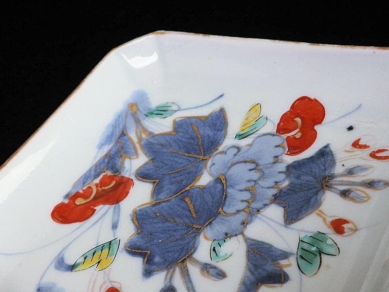 古伊万里　染錦　牡丹の図　角皿　５枚　C590AS- BLz