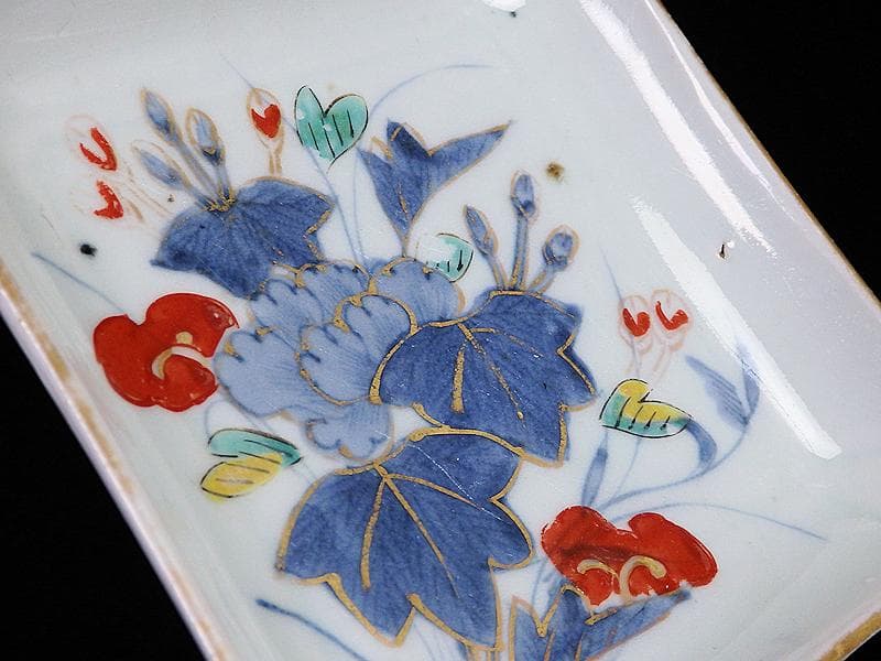 古伊万里　染錦　牡丹の図　角皿　５枚　C590AS- BLz