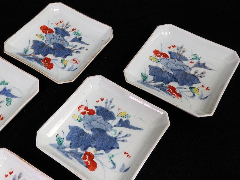 古伊万里　染錦　牡丹の図　角皿　５枚　C590AS- BLz