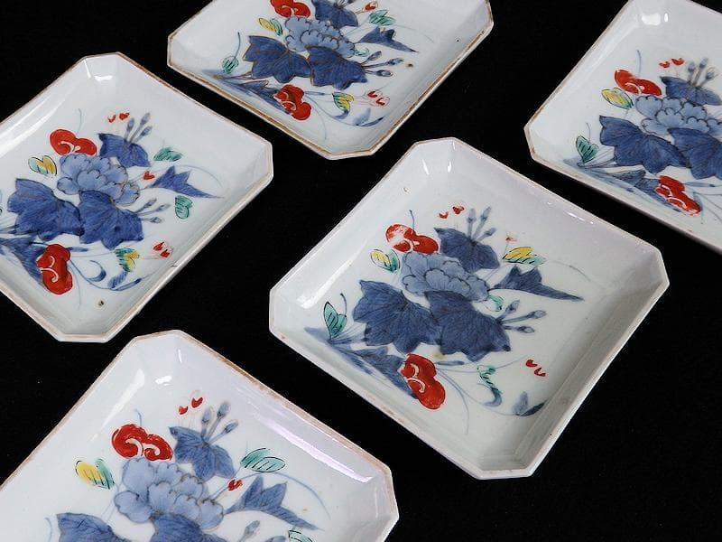 古伊万里　染錦　牡丹の図　角皿　５枚　C590AS- BLz