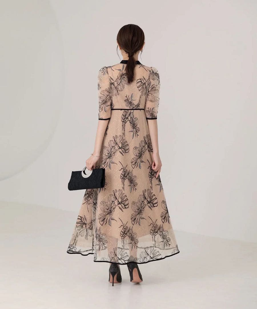 Leja／パイピングハイネック花柄ラメレースワンピースドレス