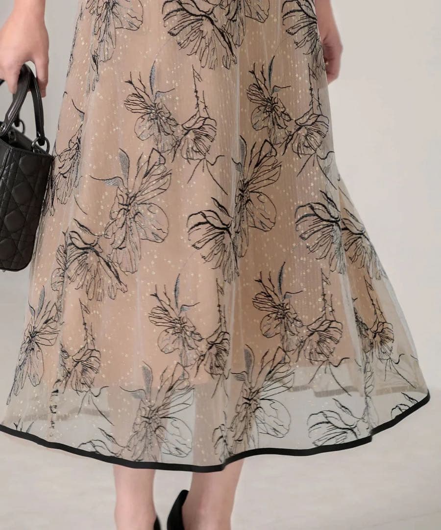 Leja／パイピングハイネック花柄ラメレースワンピースドレス