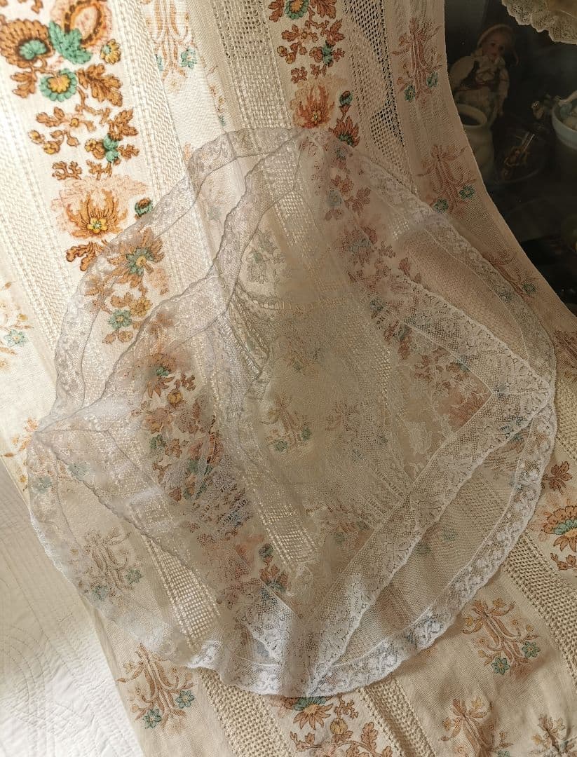 アンティークフランス ノルマンディー＆ボビンレース 美しいφ56㎝ラージドイリー