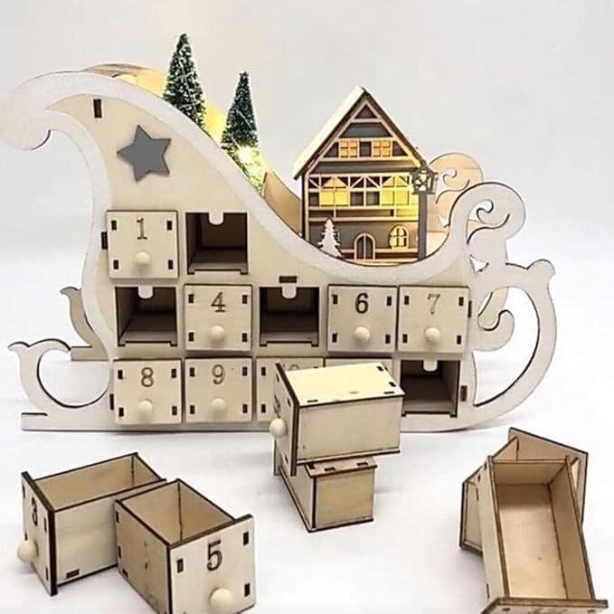 クリスマス アドベントカレンダー18セット 木製 そり LEDライト付き