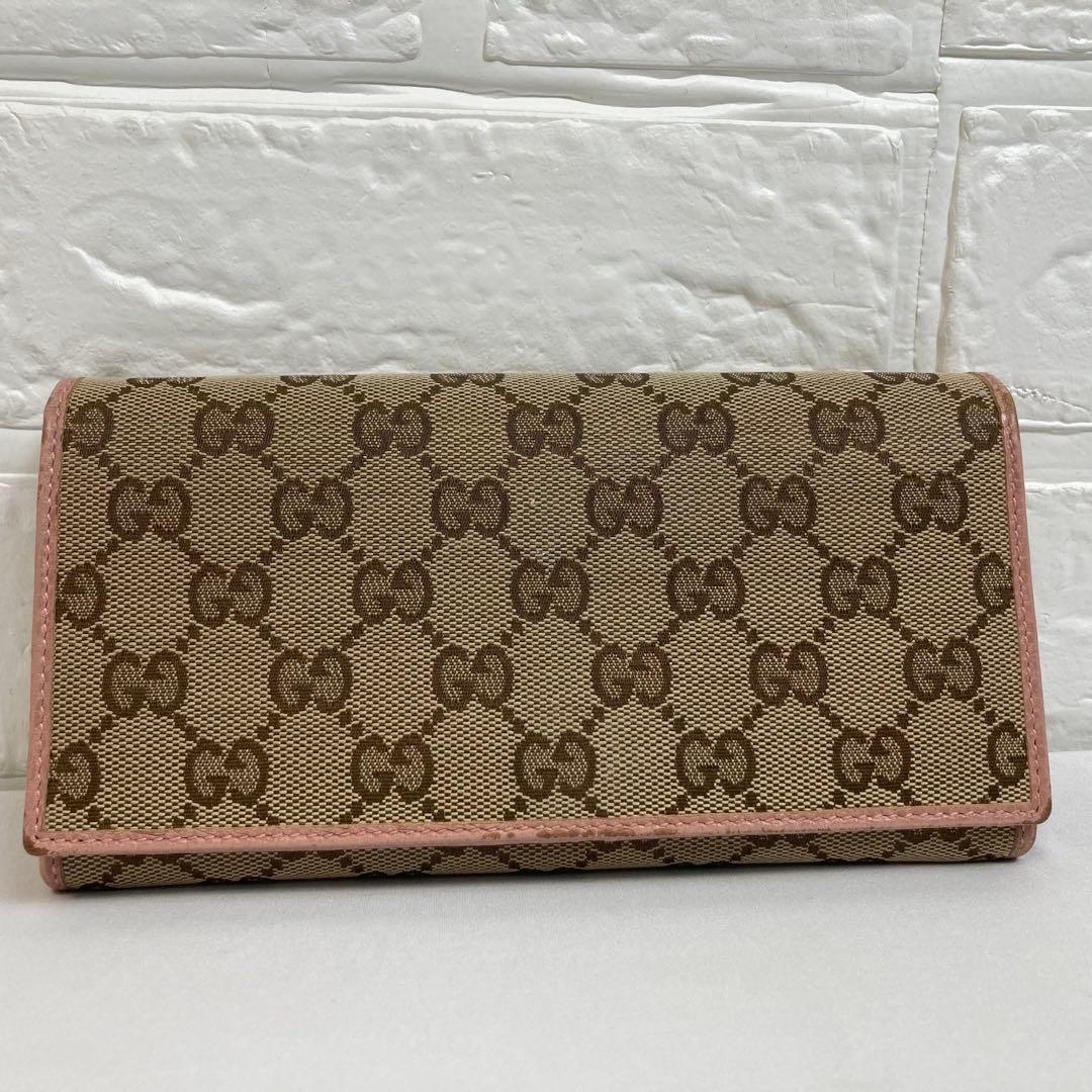 【美品】GUCCI グッチ　GGキャンバス柄 二つ折り長財布 ベージュ×ピンク