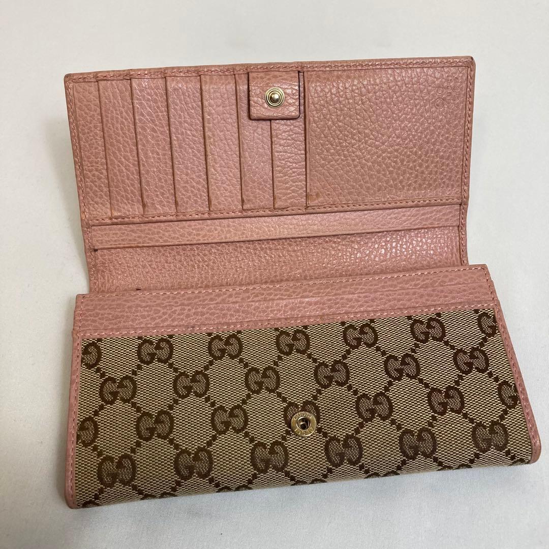 【美品】GUCCI グッチ　GGキャンバス柄 二つ折り長財布 ベージュ×ピンク