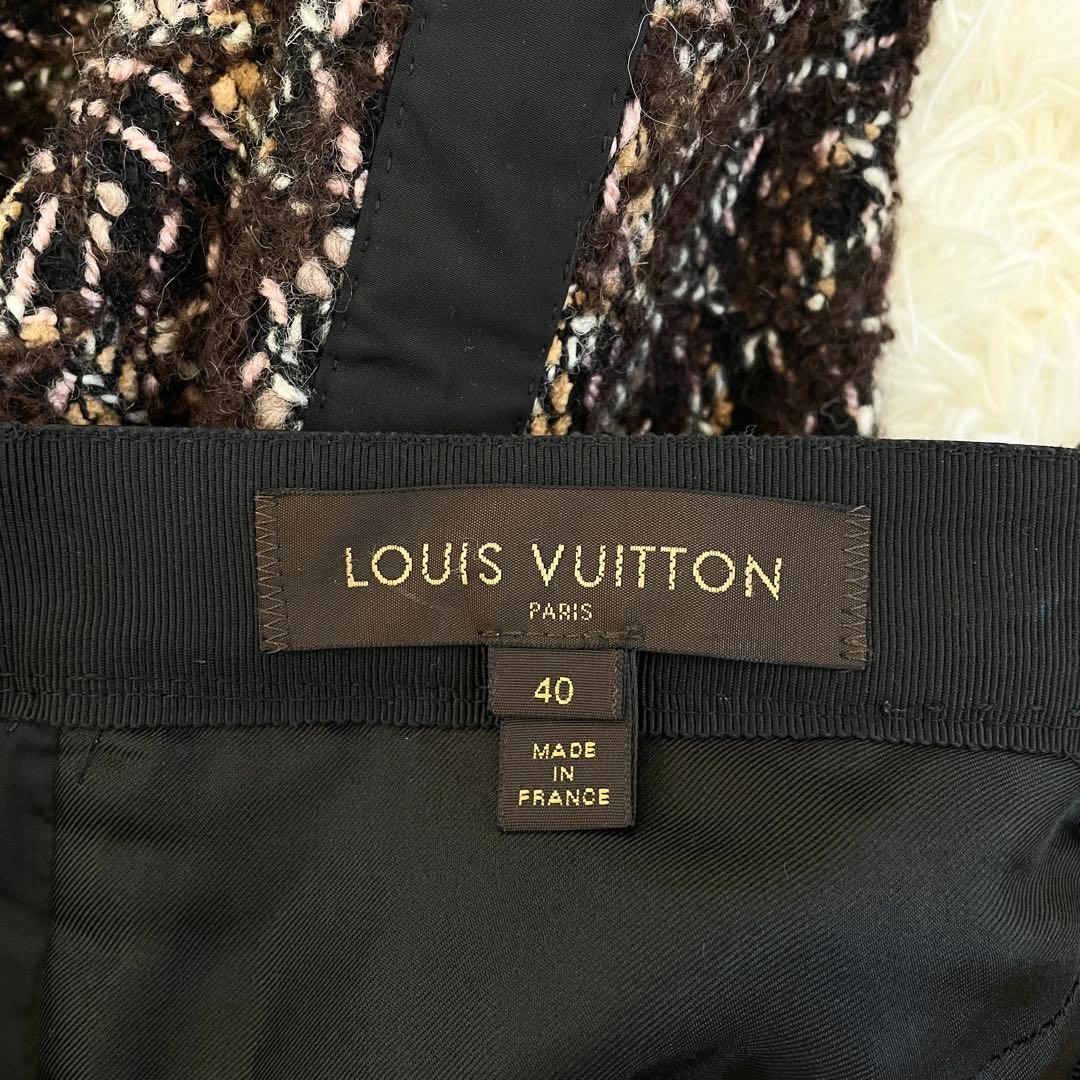 未使用級　ルイヴィトン　膝丈　タイトスカート　ツイード　サイドリボン　L　茶